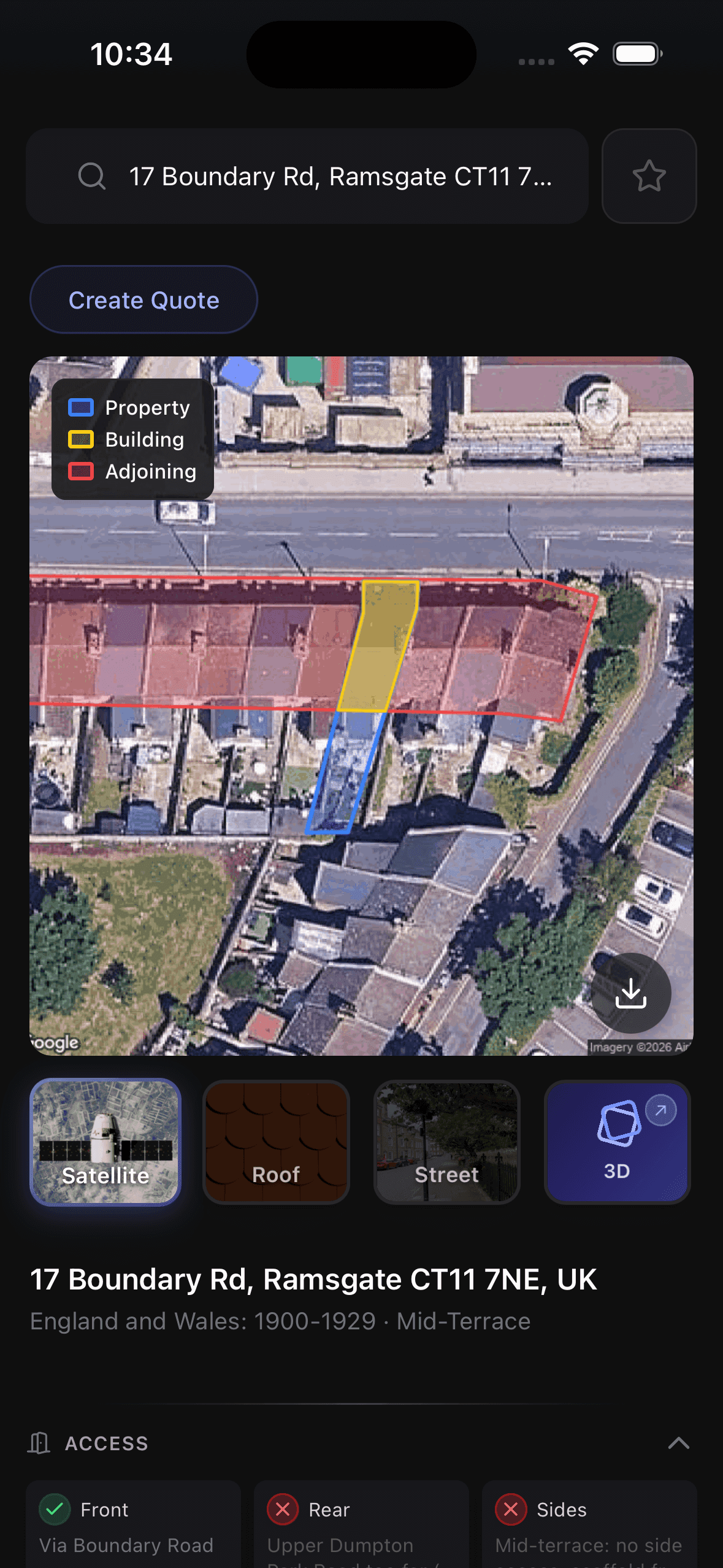 The AskHouse app showing a satellite view of a UK terrace with property, building and adjoining boundaries drawn on