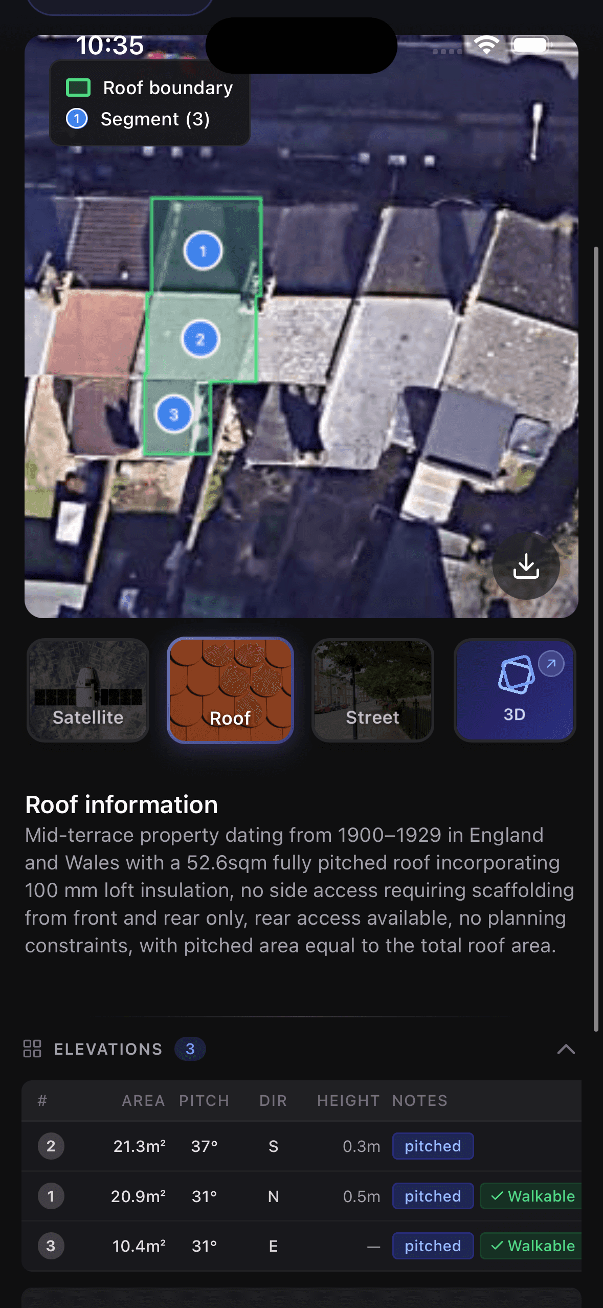 The AskHouse app roof view showing roof segments with areas, pitches and elevation details