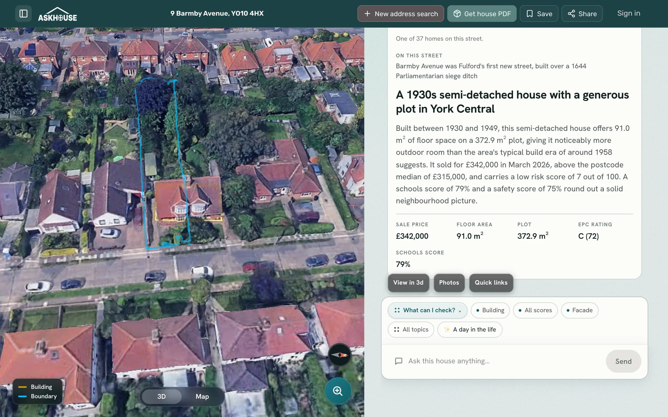 AskHouse chat for 9 Barmby Avenue, York beside a photoreal 3D view with the building and plot boundary drawn on